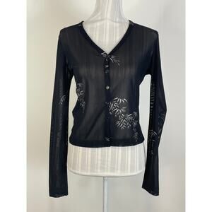 Vintage Malibu Sheer V Neck Silver Print Button Front Y2K Top Size Medium